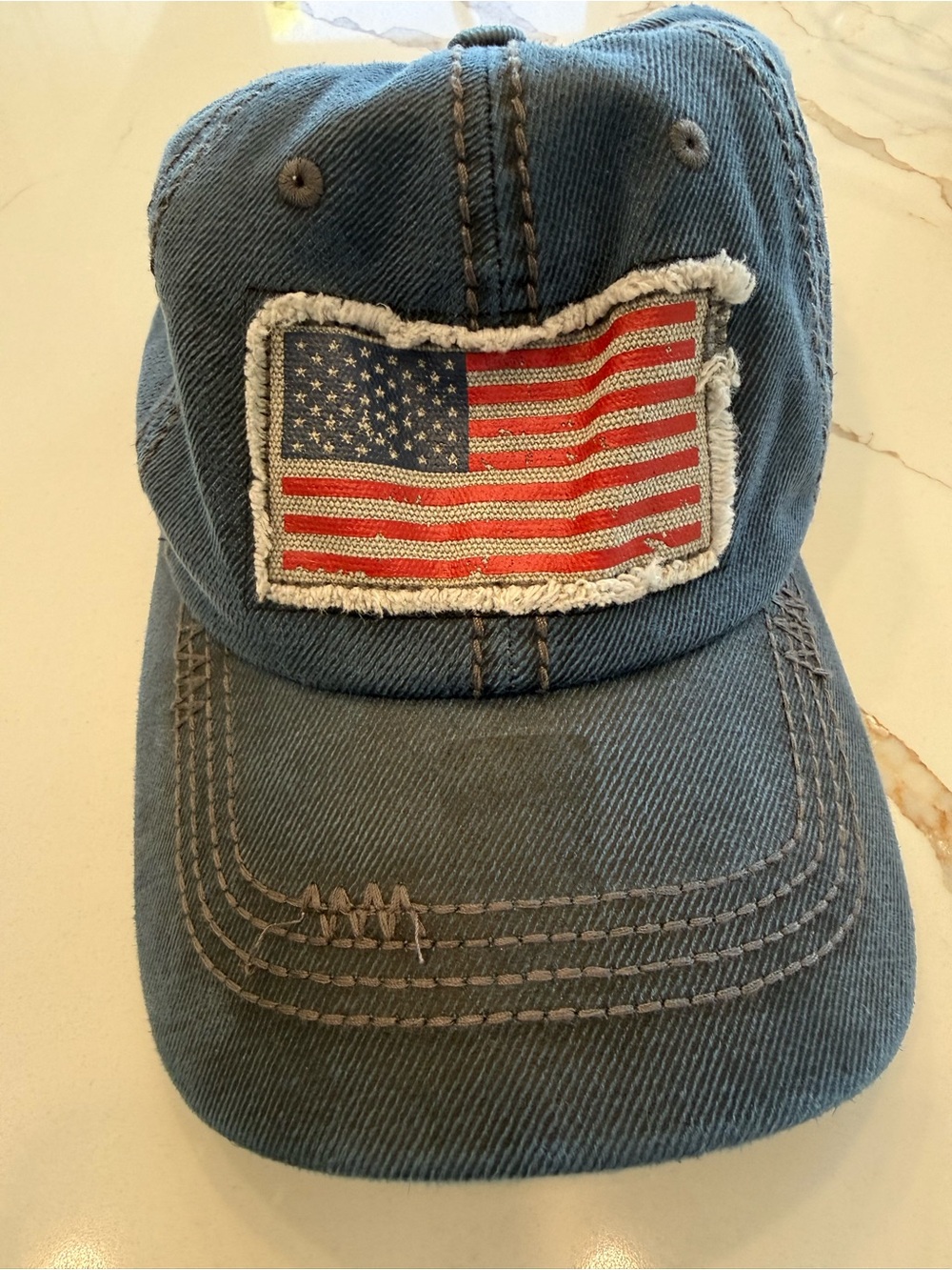 Distressed Denim-Look Women's Cap with American Flag Patch